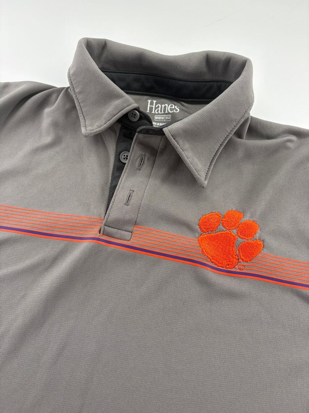 Hanes Clemson Tigers Polo Mens M Gray Orange Purple Stripe Paw Logo Golf